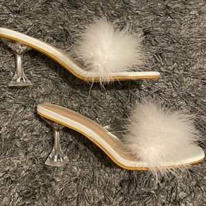 white fluffy kitten heels